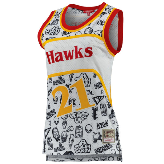 Women's Dominique Wilkins Mitchell & Ness Hawks 1986 Doodle Swingman Jersey - White