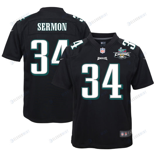 Trey Sermon 34 Philadelphia Eagles Super Bowl LVII Champions 2 Stars Youth Game Jersey - Black